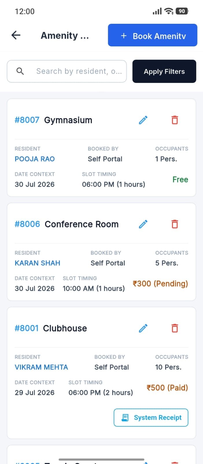 Amenity Booking Screen